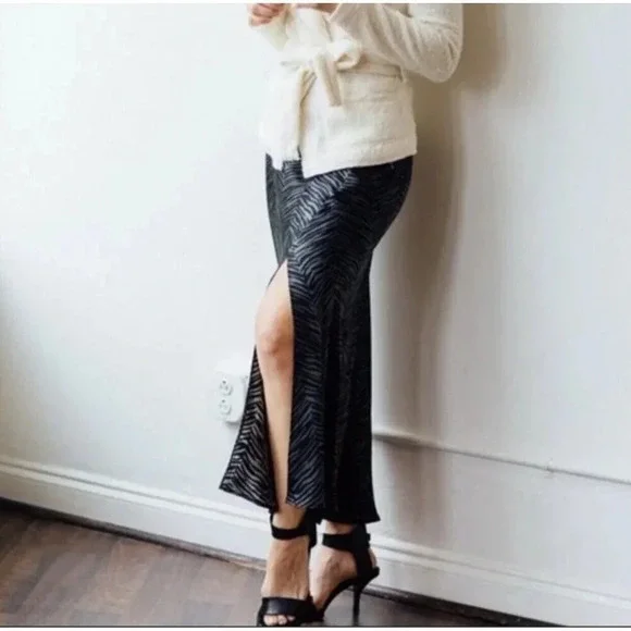 $299 ANINE BING Dolly Silk Skirt Zebra Print Size XS Midi Slit Willow Green Gray - Picture 2 of 16